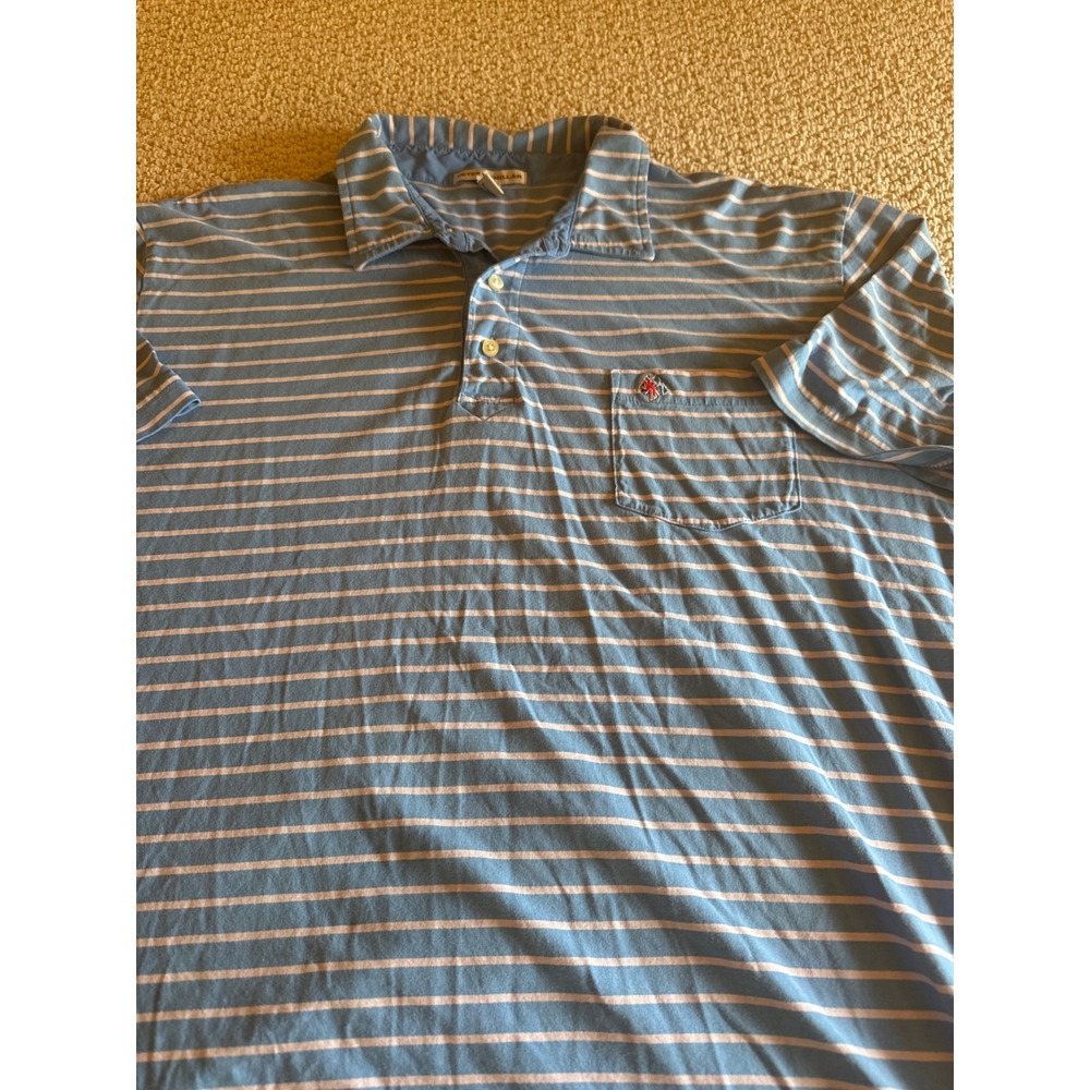 Peter Millar‎ Blue White Striped Pima Cotton Polo Shirt  Large Mens Short Sleeve
